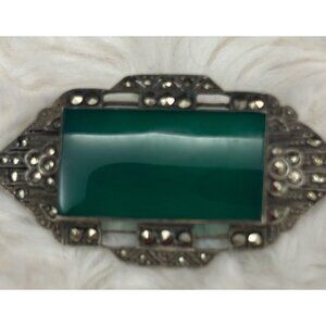 Vintage 1930s Art Deco Sterling Silver Green Agate & Marcasite Brooch - Germany